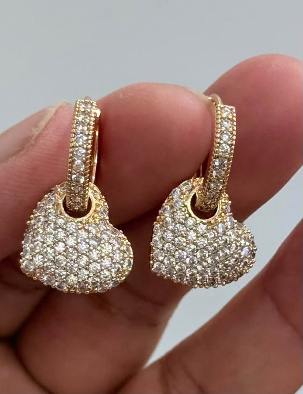 Pavé CZ Heart Charm Huggie Hoop Earrings Gold Tone Sparkling Dangle